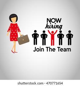 Now hiring illustration, female executive with portfolio and group people over gray degrade color backdrop 