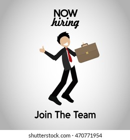 Now hiring illustration, smiling man and elegant  over degrade color backdrop