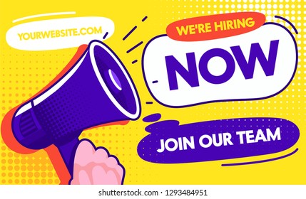 Now Hiring Job Opportunity Concept Banner Template. Vacancy Promotion Advertising Leaflet. Career Opportunity To Recruiting Team With Purple Speaker, Company Hire Talent Ad Poster Vector Illustration