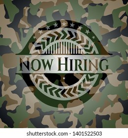 Now Hiring on camo pattern. Vector Illustration. Detailed.