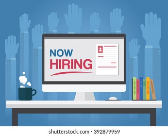 Now hiring on computer background with many hands to request job ,Vector illustration

