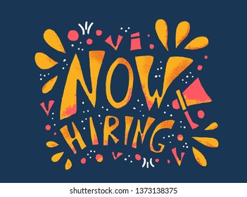 Now hiring poster. Message for hr. Vacancy announcement template for web, social media post. Vector color illustration.