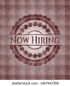 Now Hiring red seamless emblem with geometric background.
