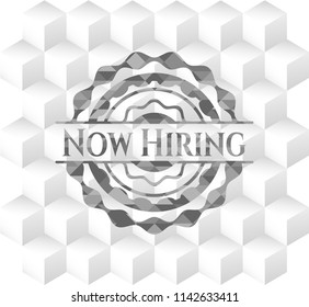 Now Hiring retro style grey emblem with geometric cube white background