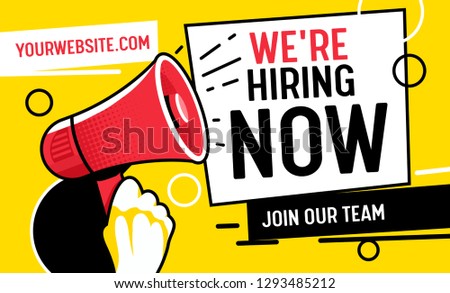 Now Hiring Vacancy Concept Poster Template. Outsource Team Hire Creative Employee. Career Promotion with Red Loudspeaker, Job Opportunity Ad Announcement Banner Pop Art Vector Illustration