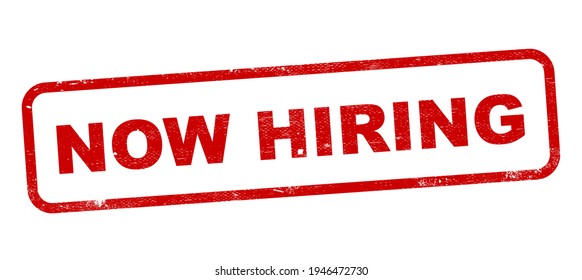 Now hiring VECTOR red square grungy stamp isolated on white background
