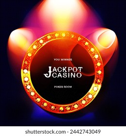 Now jackpot in cinema banner design. Old classic Retro theater billboard sign on theater stage red curtain backdrop with double spotlight vector illustration background template.