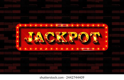 Now jackpot in cinema banner design. Old classic Retro theater billboard sign on theater stage red curtain backdrop with double spotlight vector illustration background template.