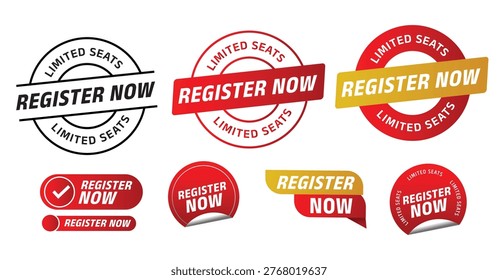 “Register Now – Limited Seats” badge set designed to create urgency and drive immediate action in marketing campaigns. This collection features a variety of stamp-style badges, buttons, and labels with high-contrast color combinations, including red, black, and gold variations. vector illustration