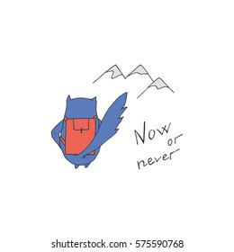 Now or never poster with cat. Minimalist motivational card design with lettering. Hand drawn vector illustration.