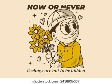 Now or never. Vintage illustration of a beanie guy holding a flower