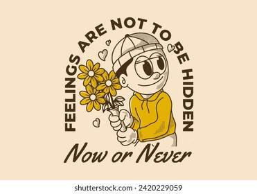 Now or never. Vintage illustration of a beanie guy holding a flower