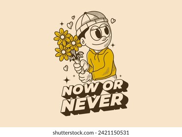 Now or never. Vintage illustration of a beanie guy holding a flower