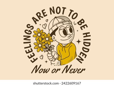 Now or never. Vintage illustration of a beanie guy holding a flower