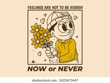 Now or never. Vintage illustration of a beanie guy holding a flower