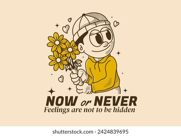 Now or never. Vintage illustration of a beanie guy holding a flower