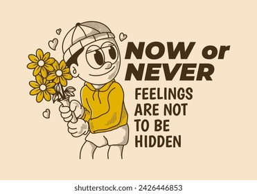 Now or never. Vintage illustration of a beanie guy holding a flower
