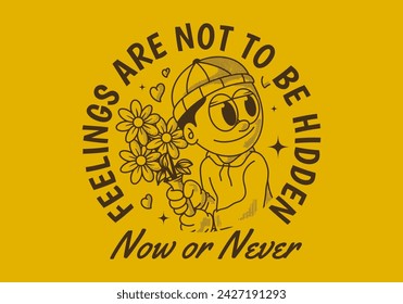 Now or never. Vintage illustration of a beanie guy holding a flower