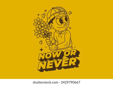 Now or never. Vintage illustration of a beanie guy holding a flower