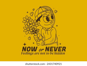 Now or never. Vintage illustration of a beanie guy holding a flower