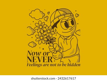 Now or never. Vintage illustration of a beanie guy holding a flower