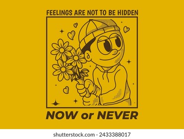 Now or never. Vintage illustration of a beanie guy holding a flower