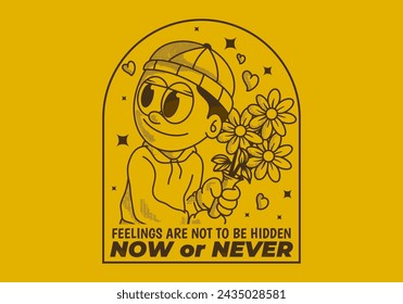 Now or never. Vintage illustration of a beanie guy holding a flower