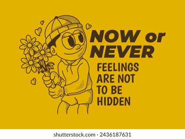 Now or never. Vintage illustration of a beanie guy holding a flower