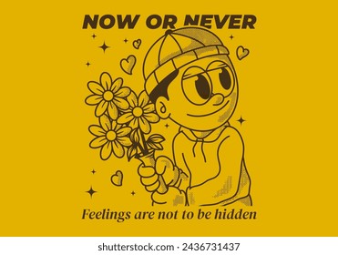 Now or never. Vintage illustration of a beanie guy holding a flower