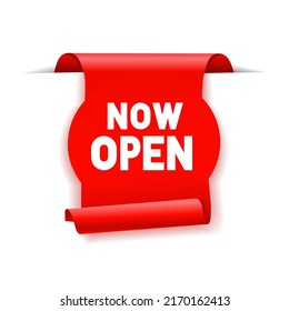 Now open banner design template. Welcome advertising symbol. Open business concept. Vector illustration.