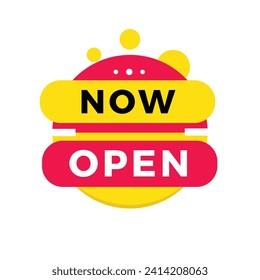 Now open, banner, label icon. Design for announcement or promotion. Flat style vector sign.