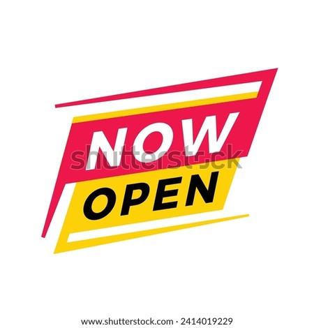 Now open, banner, label icon. Design for announcement or marketing. Flat style vector sign.