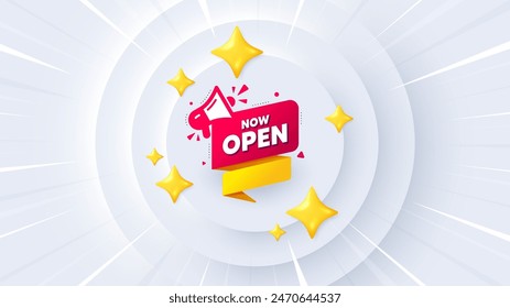 Now open banner. Neumorphic offer 3d banner, coupon. Announcement notice tag. Megaphone message icon. Now open promo event background. Sunburst banner, flyer or poster. Vector