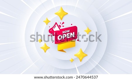 Now open banner. Neumorphic offer 3d banner, coupon. Announcement notice tag. Megaphone message icon. Now open promo event background. Sunburst banner, flyer or poster. Vector