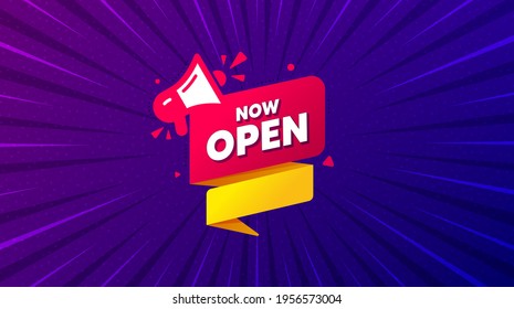 Now open banner. Purple background with offer message. Announcement notice tag. Megaphone message icon. Best advertising coupon banner. Now open badge shape. Abstract background. Vector