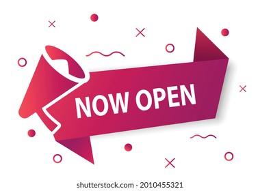 Now open concept. Gradient sticker with inscription and megaphone. Attracting the attention of customers. Selection of information. Cartoon flat vector illustration isolated on a white background