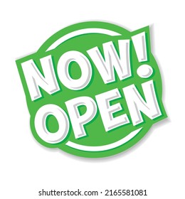 Now open door sign or web banner. Vector on transparent background