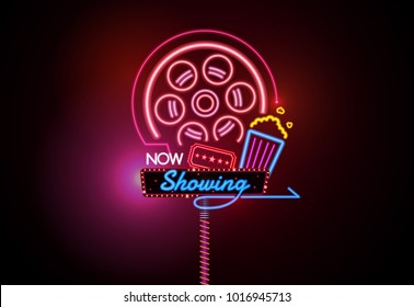 now open glowing neon and bulb sign cinema movie theater vector illustration