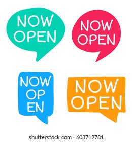 Now open. Hand drawn speech bubbles. Vector set of icon illustration on white background.