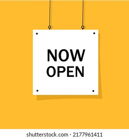 Ahora abre un cartel colgante. Cartel de la tienda. Ilustración vectorial plana.
