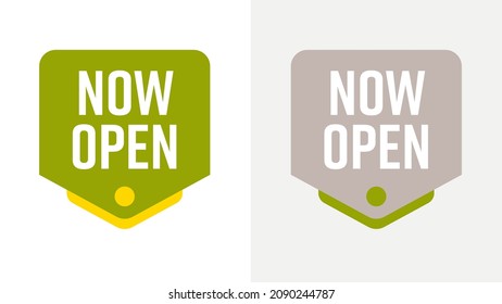 Now open label announcement sticker pointer for online shop. Set of badge point mark for opening marketing campaign promotion vector illustration isolated on white background