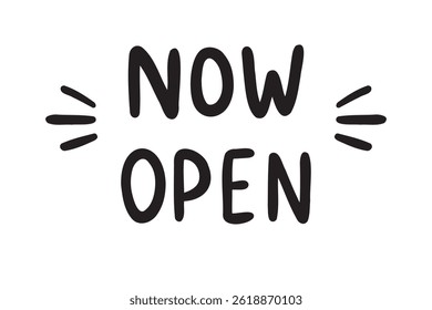 Now open lettering doodle hand drawn text. Now open. Vector illustration