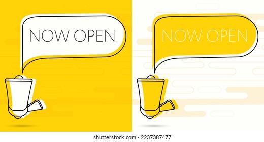 Now open. Megaphone and colorful yellow speech bubble with quote. Blog management, blogging and writing for website. Concept poster for social networks, advertising, banner