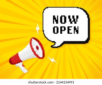 Now open megaphone. Pixel style illustration. Shop now. Design template