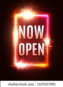 Now Open neon letters. Glowing lights rectangle frame on dark red background. Retro night club store shop signage with shining stars text. Color light square sign. Bright vintage vector illustration.