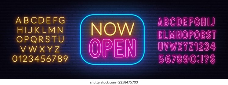 Now Open neon sign in frame on brick wall background.