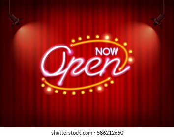 now open neon sign light glow on curtain mesh object vector but easy to change color