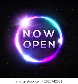 Now Open Neon Sign On Black Brick Wall. Color Light Circle With Shining Star Glowing Text. Retro Night Club Signage. Bright Round Frame. Vintage Electricity Signboard. 1980s Style Vector Illustration.