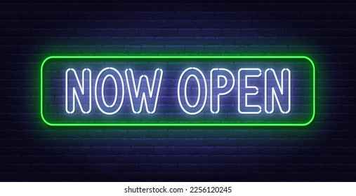 Now Open neon sign on brick wall background.