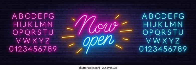 Now Open neon sign on brick wall background.